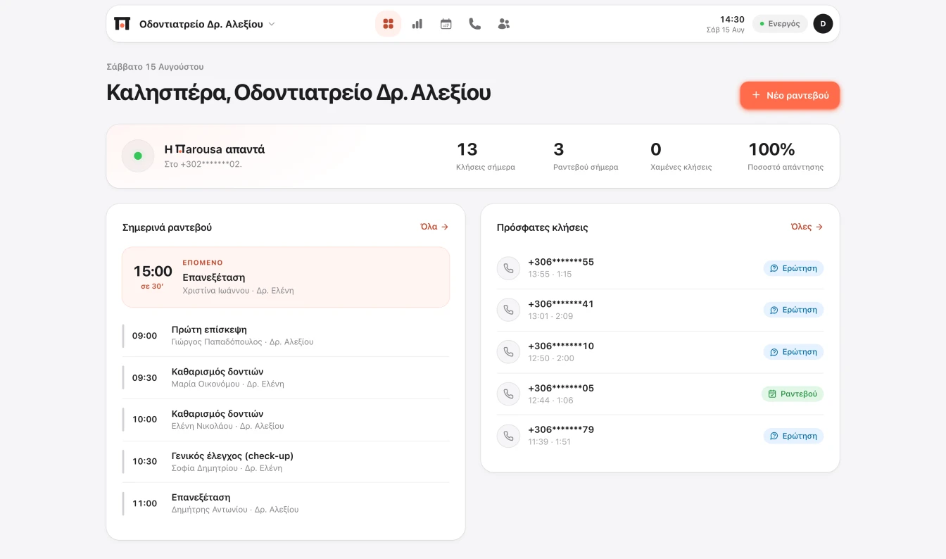 Ο πίνακας ελέγχου της Παρούσας: σημερινές κλήσεις, ραντεβού της ημέρας και πρόσφατες κλήσεις